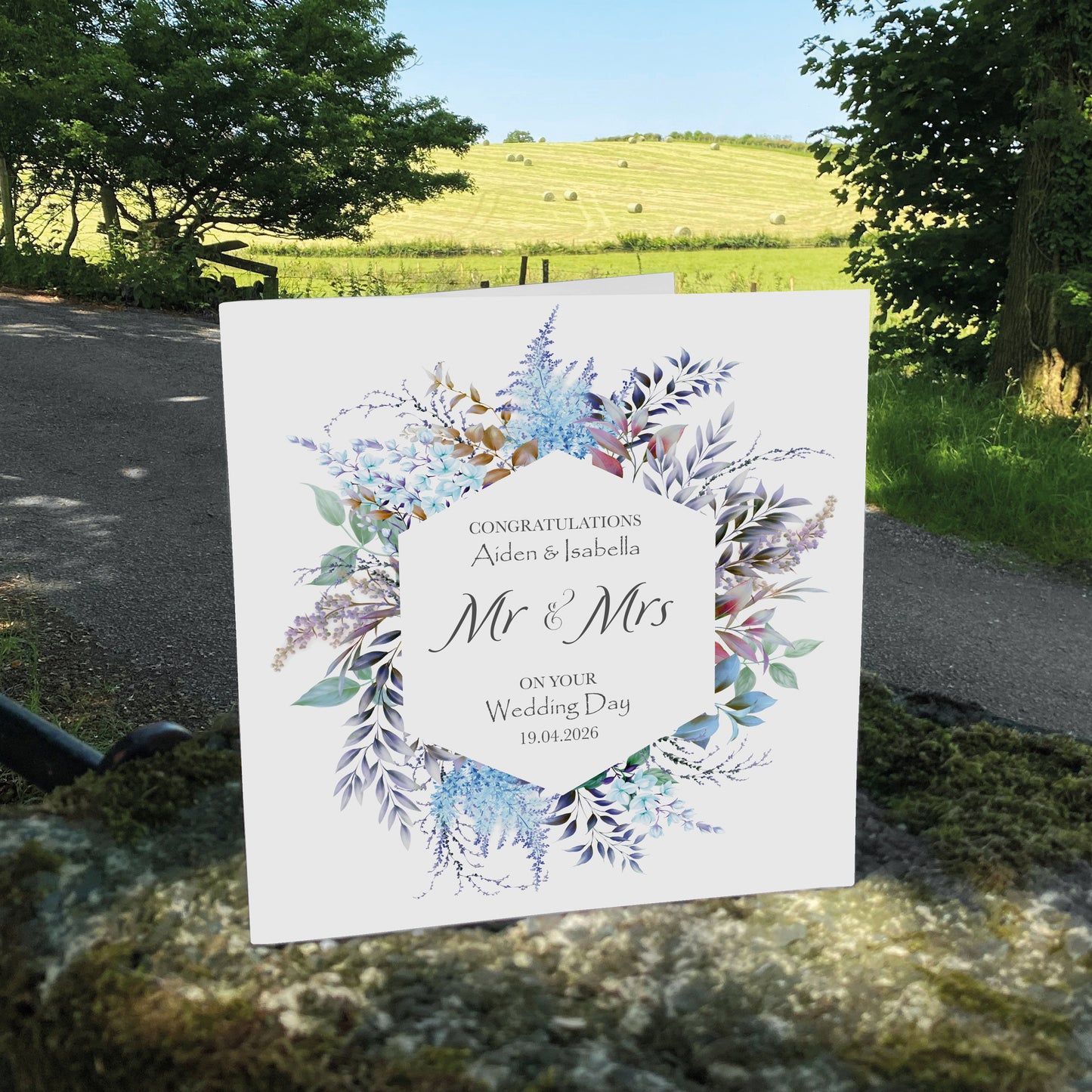 Personalised Wedding Card (Mr & Mrs Wreath) - Blue