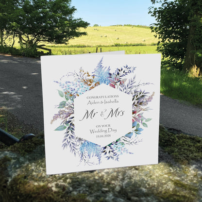 Personalised Wedding Card (Mr & Mrs Wreath) - Blue