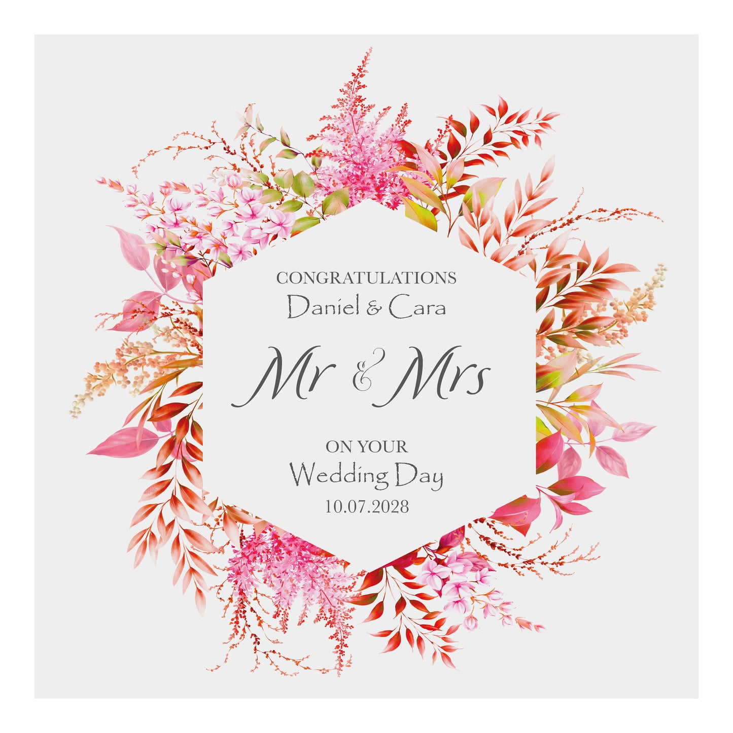 Personalised Wedding Card (Mr & Mrs Wreath) - Bright Pink