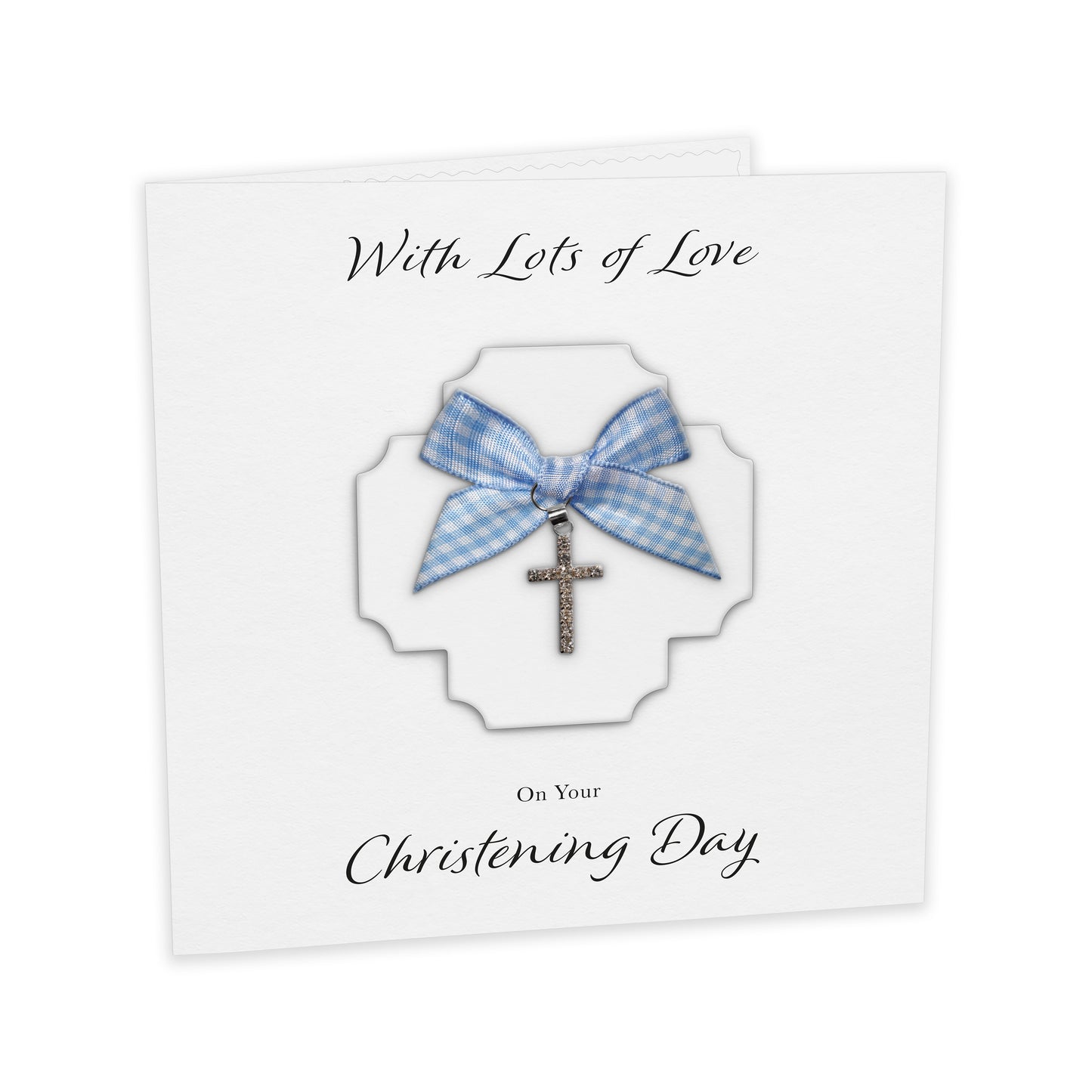 Christening Card (Diamante Cross Charm & Bow) - White Cross & Blue Gingham Bow