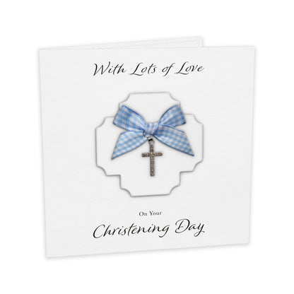 Christening Card (Diamante Cross Charm & Bow) - White Cross & Blue Gingham Bow