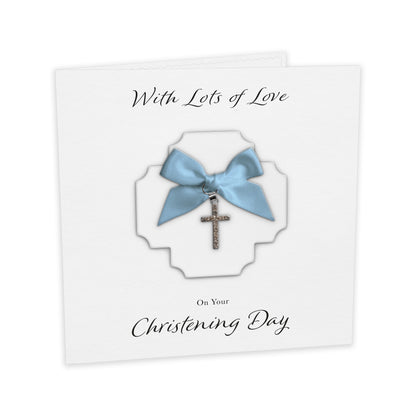 Christening Card (Diamante Cross Charm & Bow) - White Cross & Blue Bow