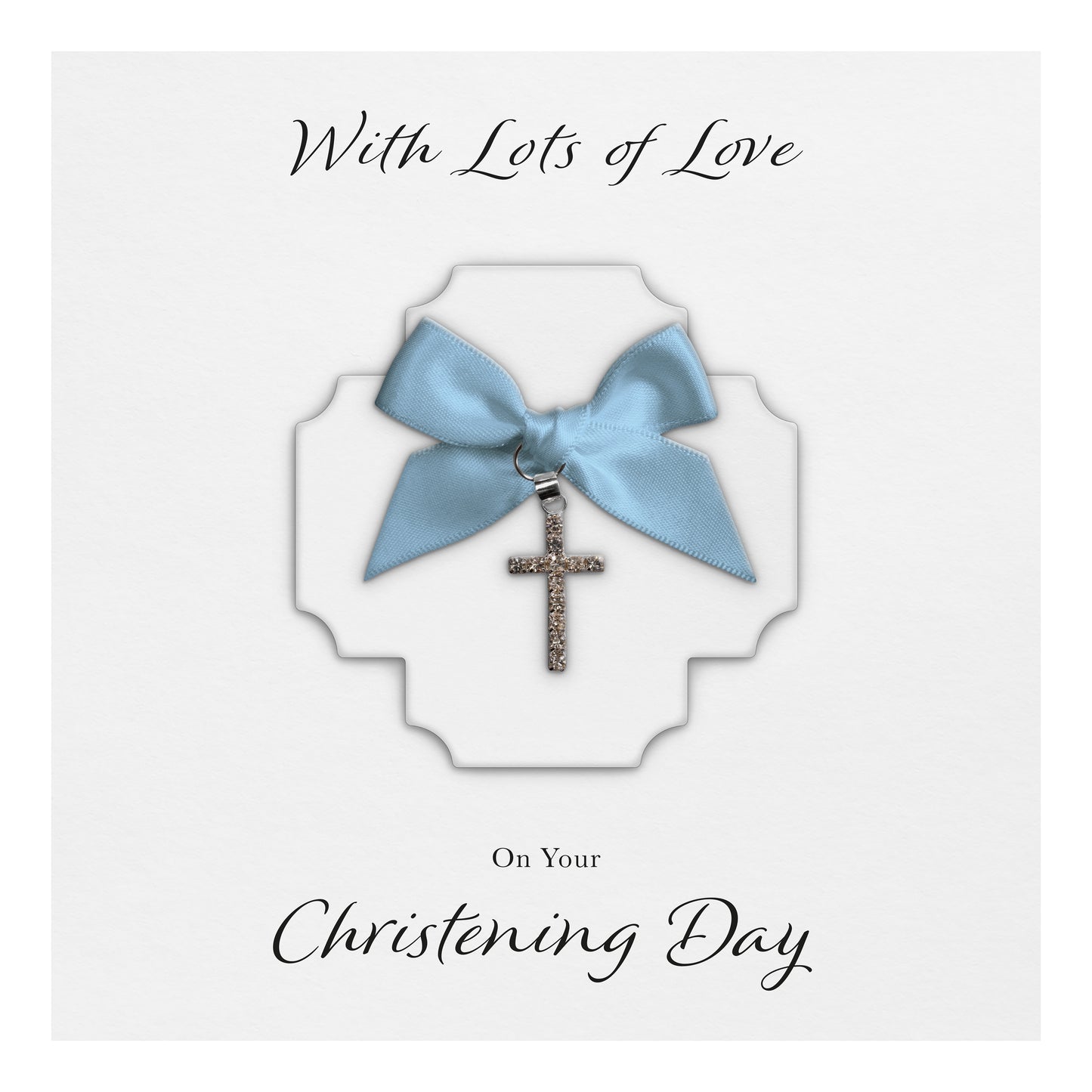 Christening Card (Diamante Cross Charm & Bow) - White Cross & Blue Bow