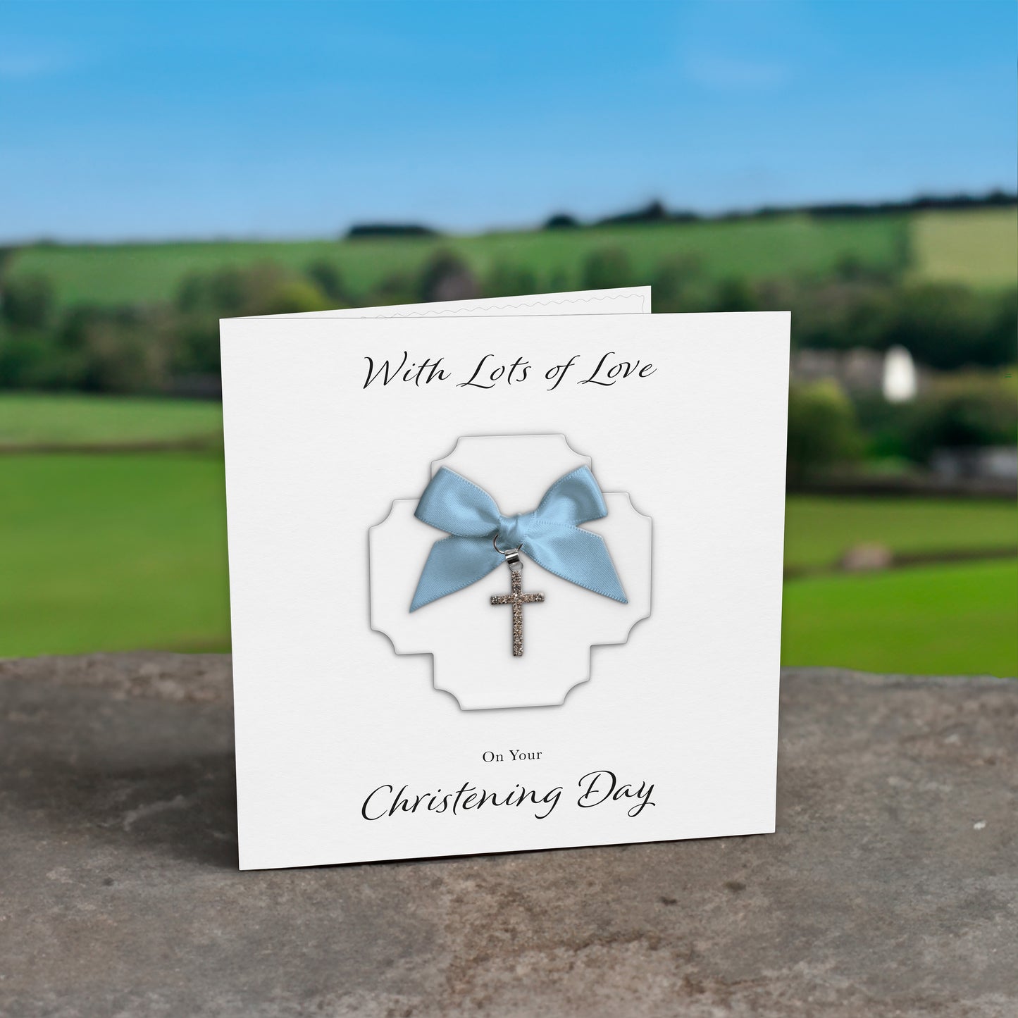 Christening Card (Diamante Cross Charm & Bow) - White Cross & Blue Bow