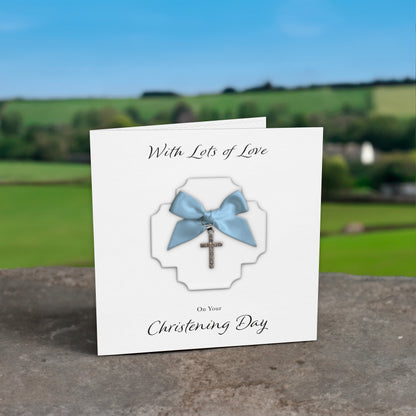 Christening Card (Diamante Cross Charm & Bow) - White Cross & Blue Bow