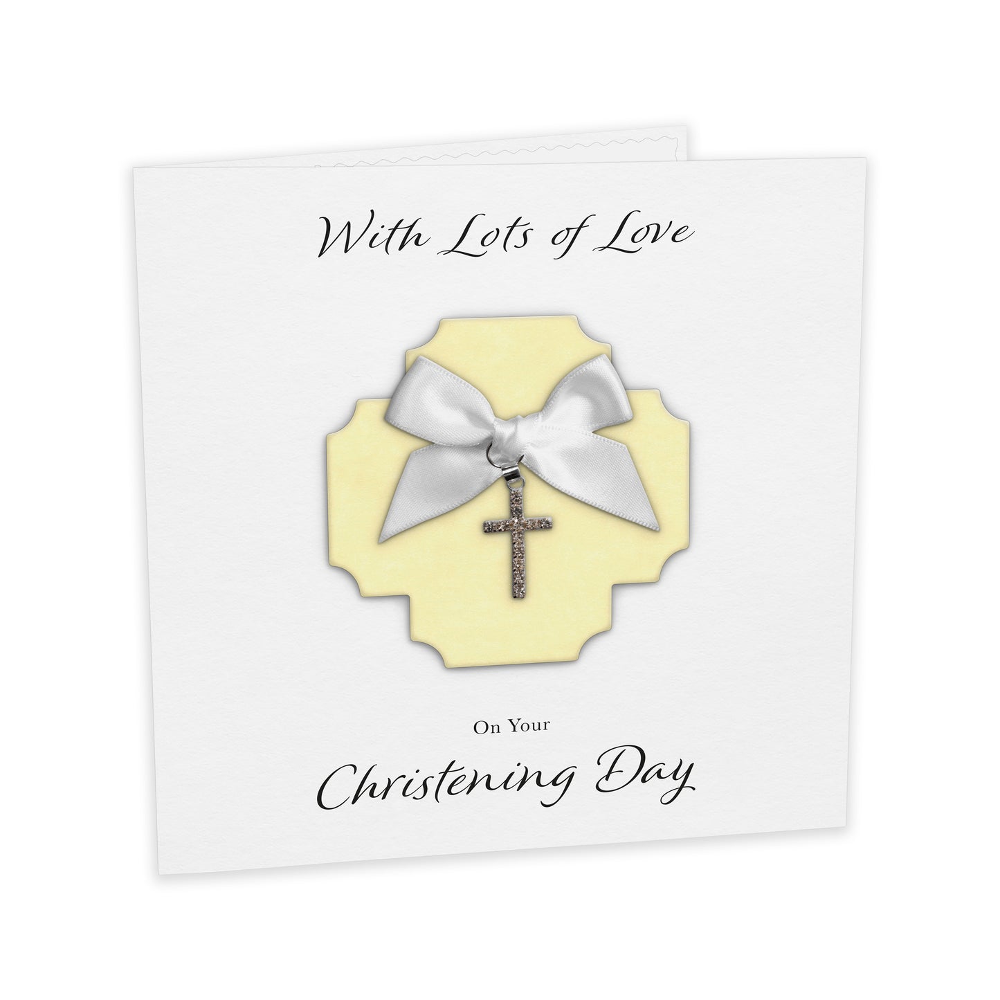Christening Card (Diamante Cross Charm & Bow) - Yellow Cross & White Bow