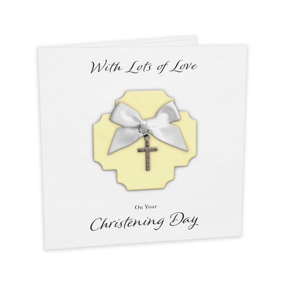 Christening Card (Diamante Cross Charm & Bow) - Yellow Cross & White Bow