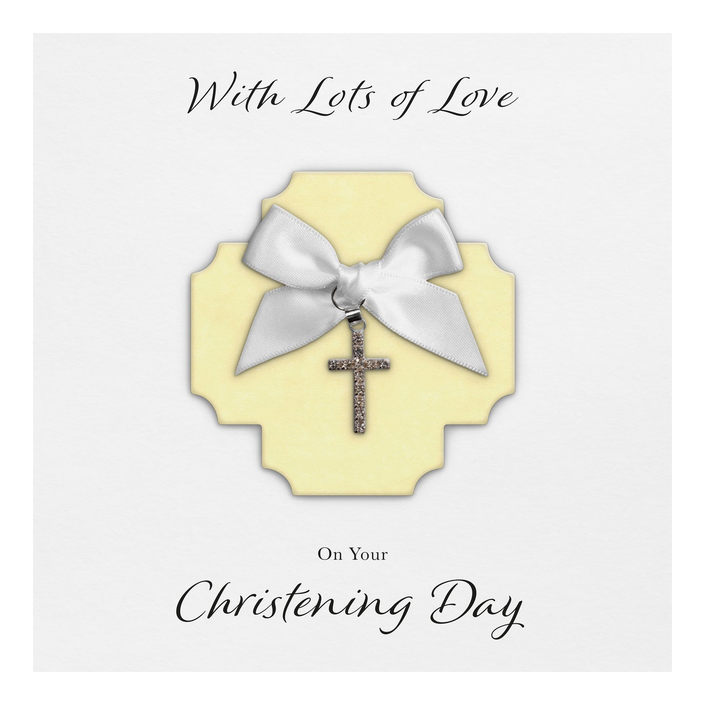 Christening Card (Diamante Cross Charm & Bow) - Yellow Cross & White Bow