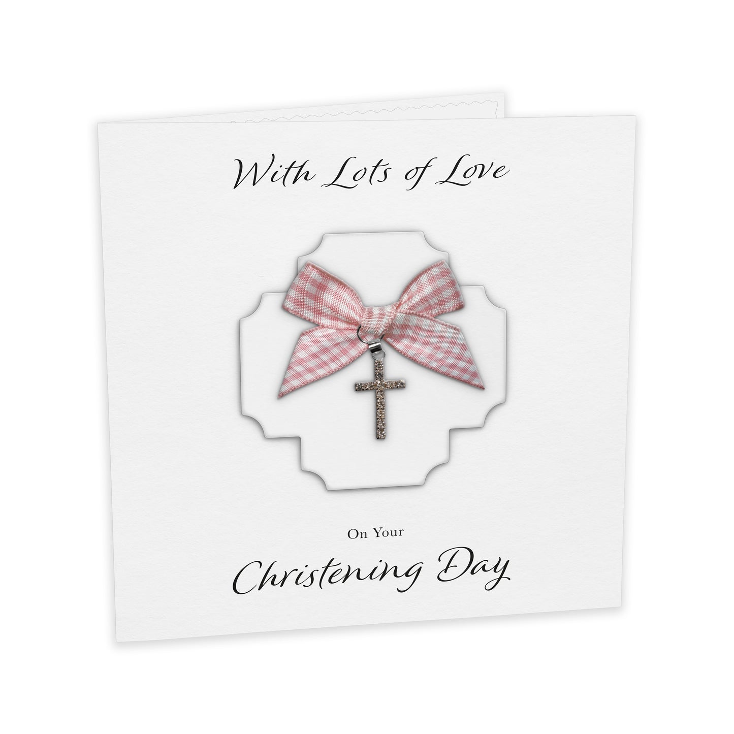 Christening Card (Diamante Cross Charm & Bow) - White Cross & Pink Gingham Bow
