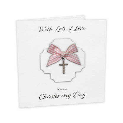 Christening Card (Diamante Cross Charm & Bow) - White Cross & Pink Gingham Bow