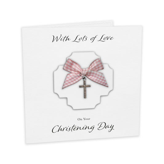 Christening Card (Diamante Cross Charm & Bow) - White Cross & Pink Gingham Bow
