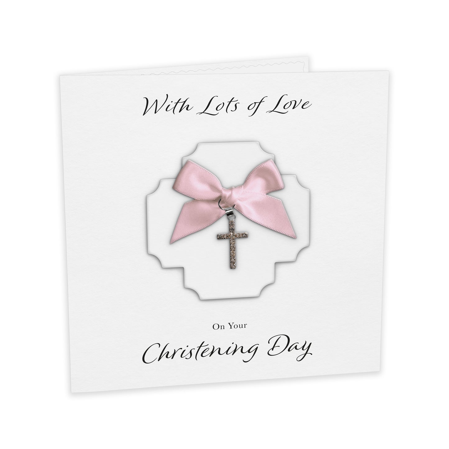 Christening Card (Diamante Cross Charm & Bow) - White Cross & Pink Bow
