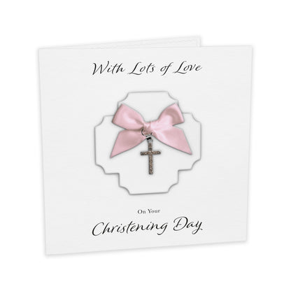Christening Card (Diamante Cross Charm & Bow) - White Cross & Pink Bow