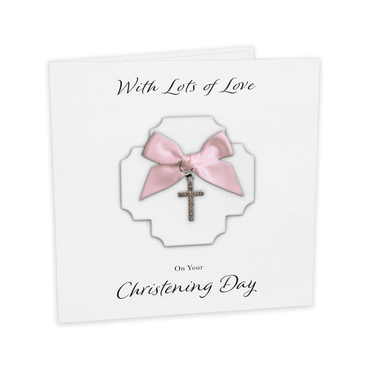 Christening Card (Diamante Cross Charm & Bow) - White Cross & Pink Bow