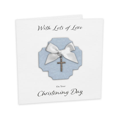 Christening Card (Diamante Cross Charm & Bow) - Blue Cross & White Bow
