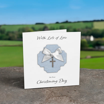 Christening Card (Diamante Cross Charm & Bow) - Blue Cross & White Bow