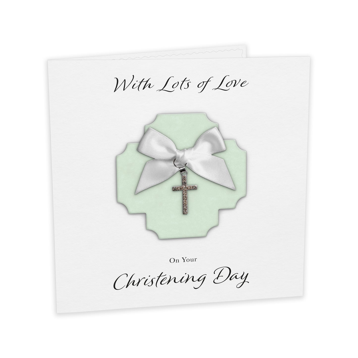 Christening Card (Diamante Cross Charm & Bow) - Green Cross & White Bow