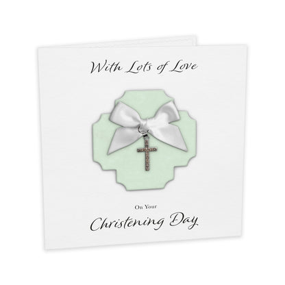 Christening Card (Diamante Cross Charm & Bow) - Green Cross & White Bow