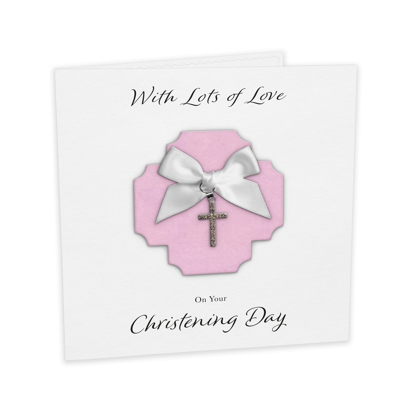 Christening Card (Diamante Cross Charm & Bow) - Pink Cross & White Bow