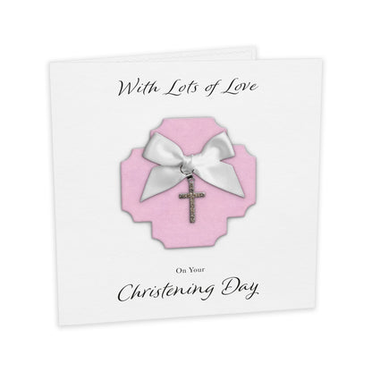 Christening Card (Diamante Cross Charm & Bow) - Pink Cross & White Bow