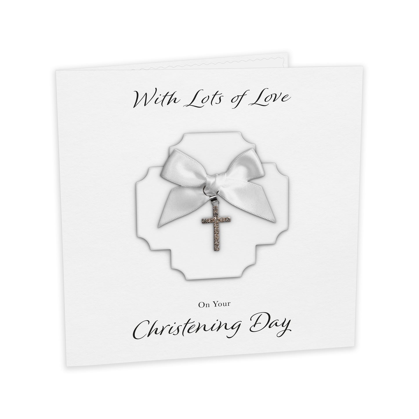 Christening Card (Diamante Cross Charm & Bow) - White Cross & White Bow