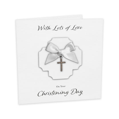 Christening Card (Diamante Cross Charm & Bow) - White Cross & White Bow