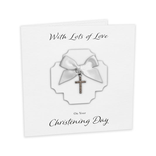 Christening Card (Diamante Cross Charm & Bow) - White Cross & White Bow