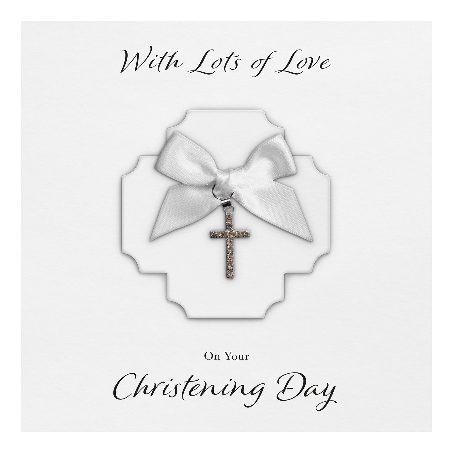 Christening Card (Diamante Cross Charm & Bow) - White Cross & White Bow