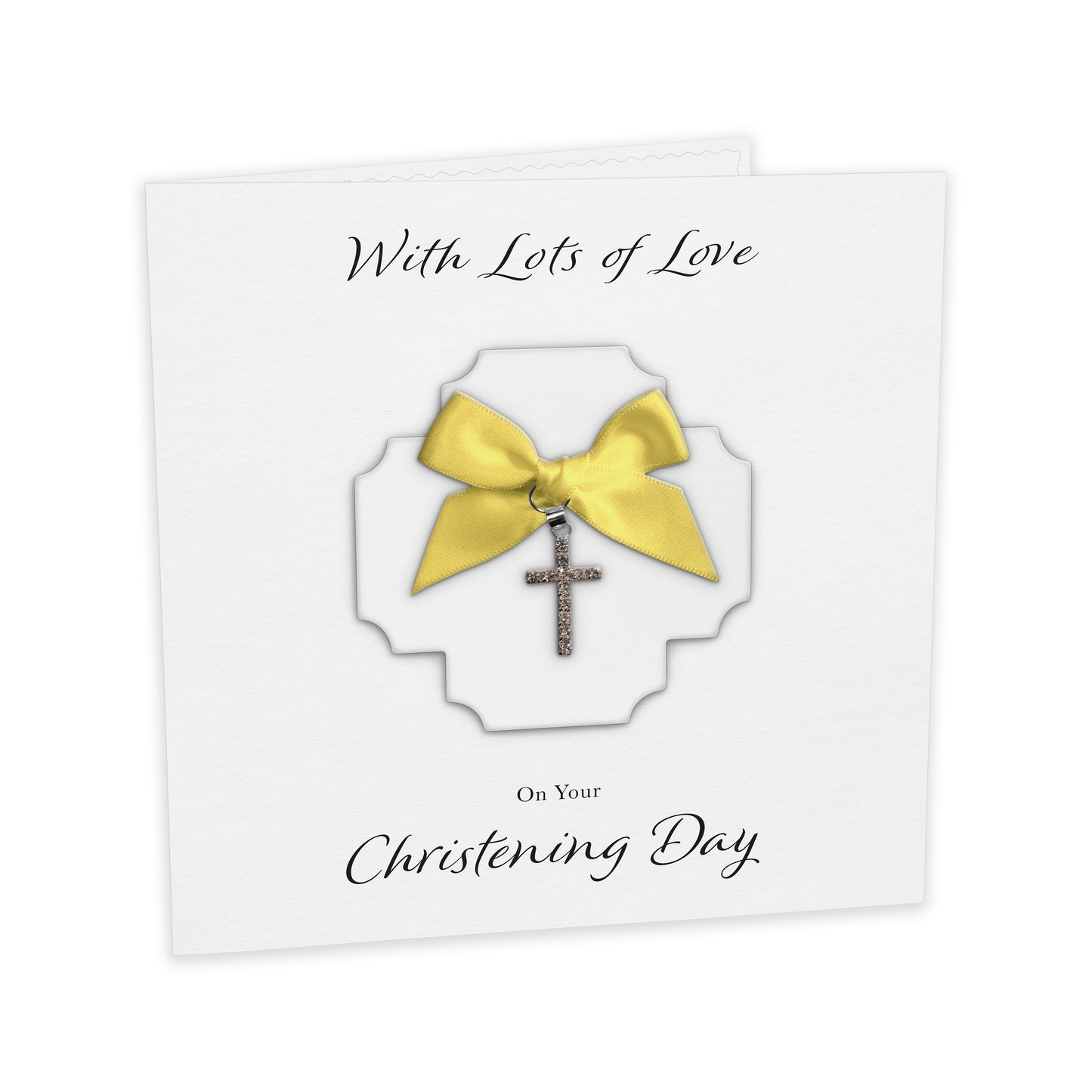 Christening Card (Diamante Cross Charm & Bow) - White Cross & Yellow Bow