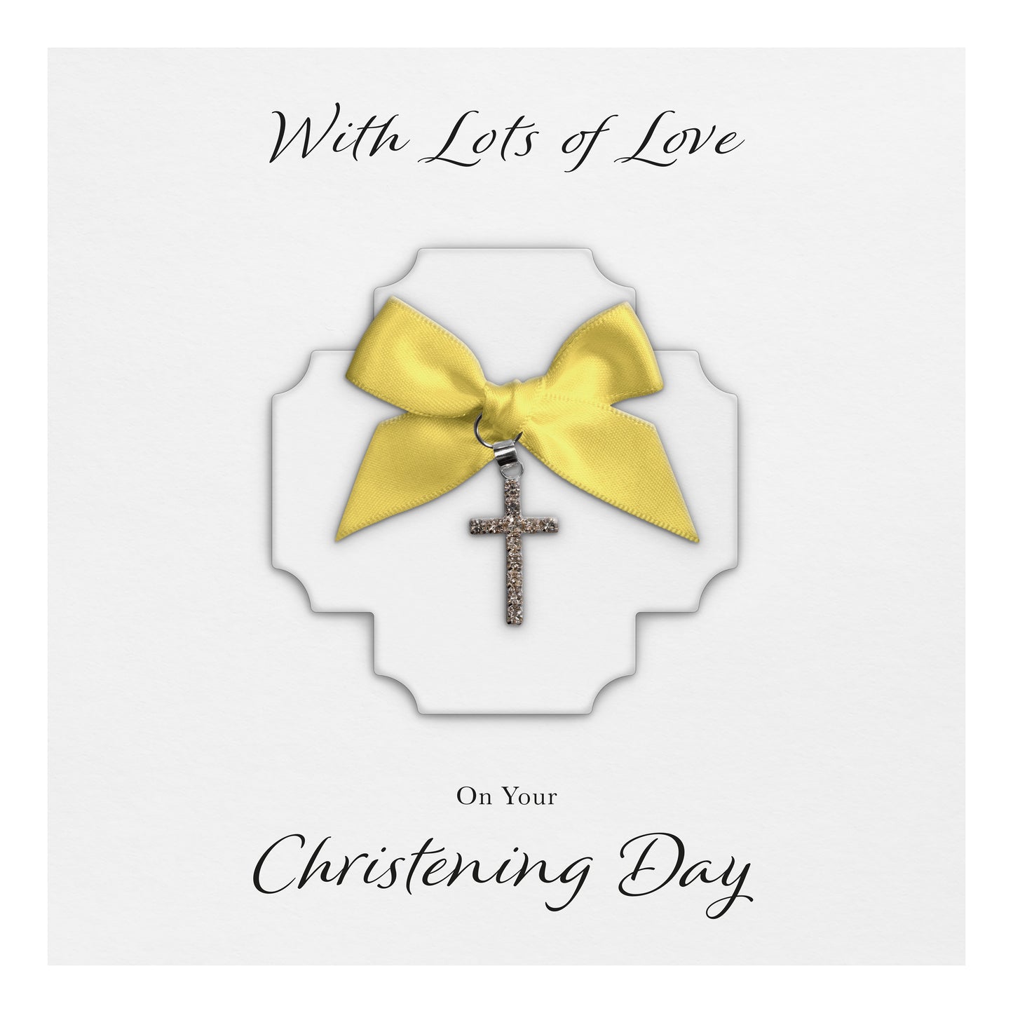 Christening Card (Diamante Cross Charm & Bow) - White Cross & Yellow Bow