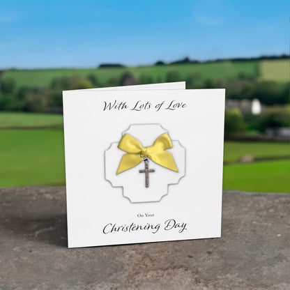 Christening Card (Diamante Cross Charm & Bow) - White Cross & Yellow Bow
