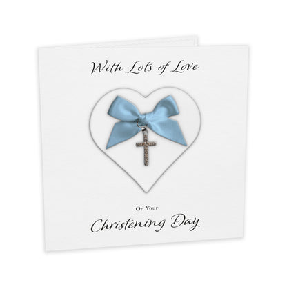 Christening Card (Diamante Cross Charm & Bow) - White Heart & Blue Bow
