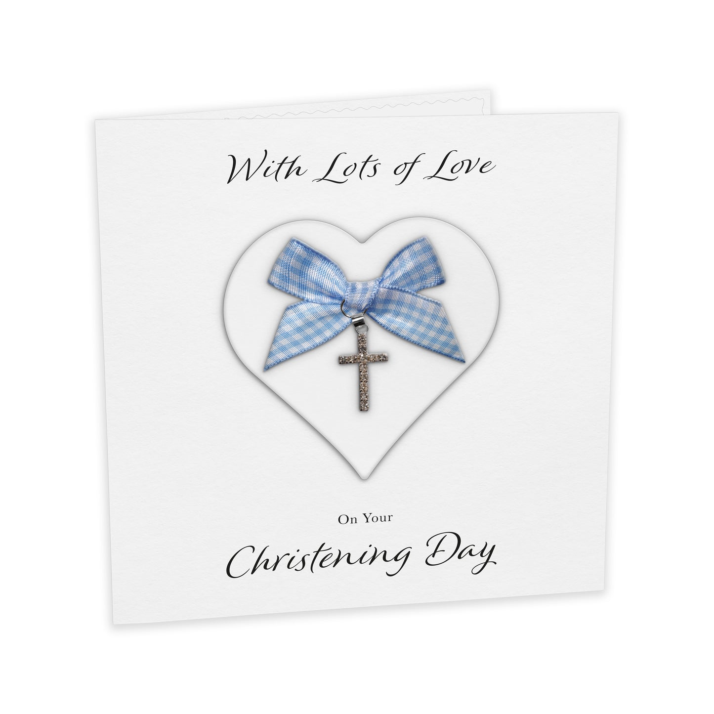 Christening Card (Diamante Cross Charm & Bow) - White Heart & Blue Gingham Bow