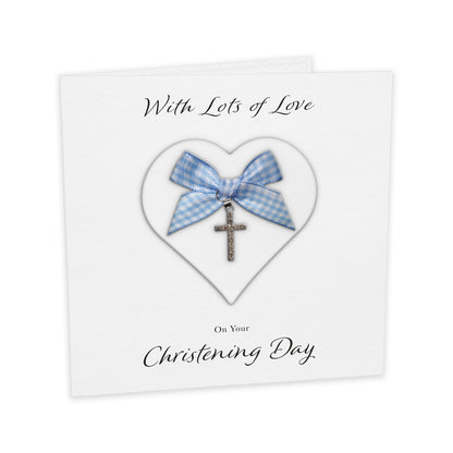 Christening Card (Diamante Cross Charm & Bow) - White Heart & Blue Gingham Bow