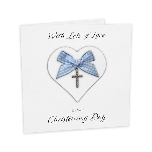 Christening Card (Diamante Cross Charm & Bow) - White Heart & Blue Gingham Bow