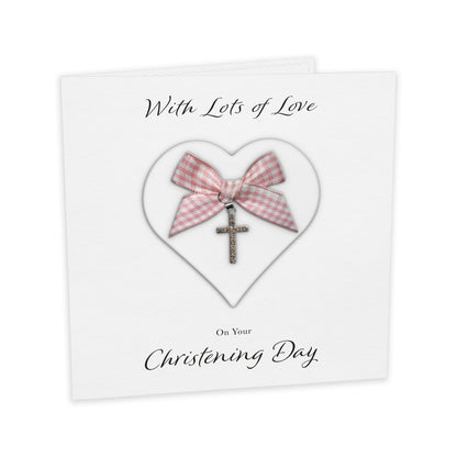 Christening Card (Diamante Cross Charm & Bow) - White Heart & Pink Gingham Bow