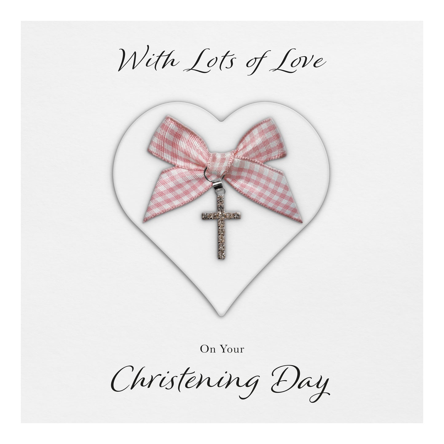 Christening Card (Diamante Cross Charm & Bow) - White Heart & Pink Gingham Bow
