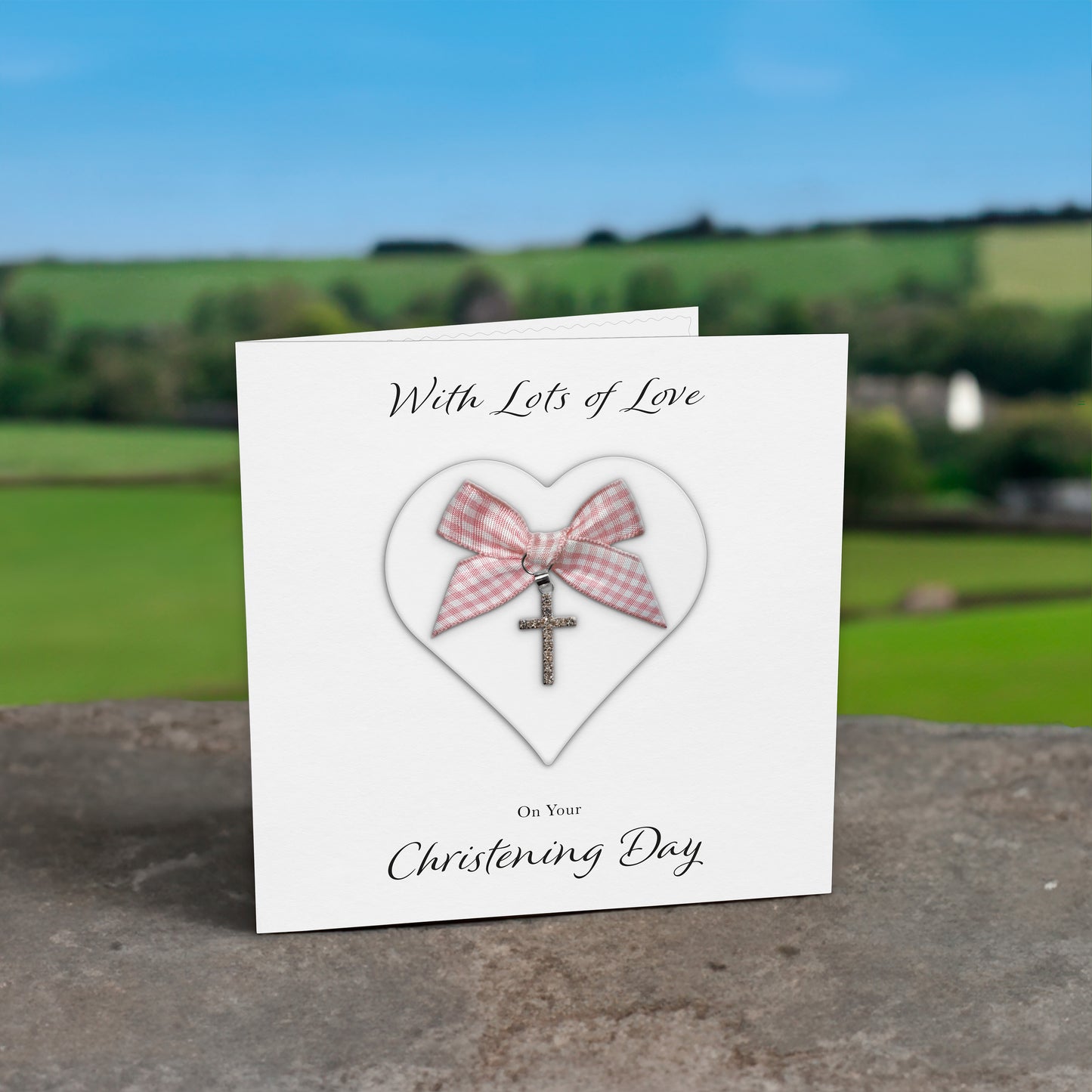 Christening Card (Diamante Cross Charm & Bow) - White Heart & Pink Gingham Bow