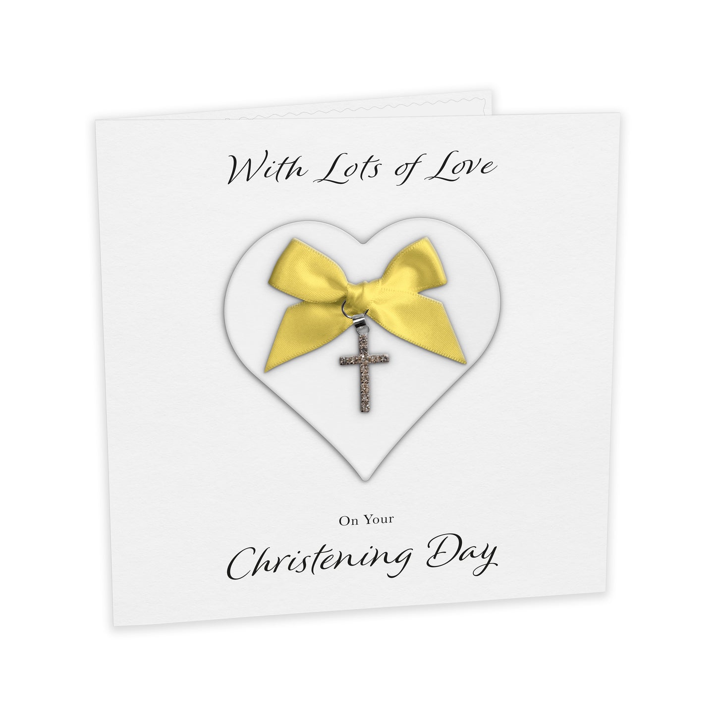 Christening Card (Diamante Cross Charm & Bow) - White Heart & Yellow Bow