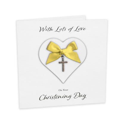 Christening Card (Diamante Cross Charm & Bow) - White Heart & Yellow Bow