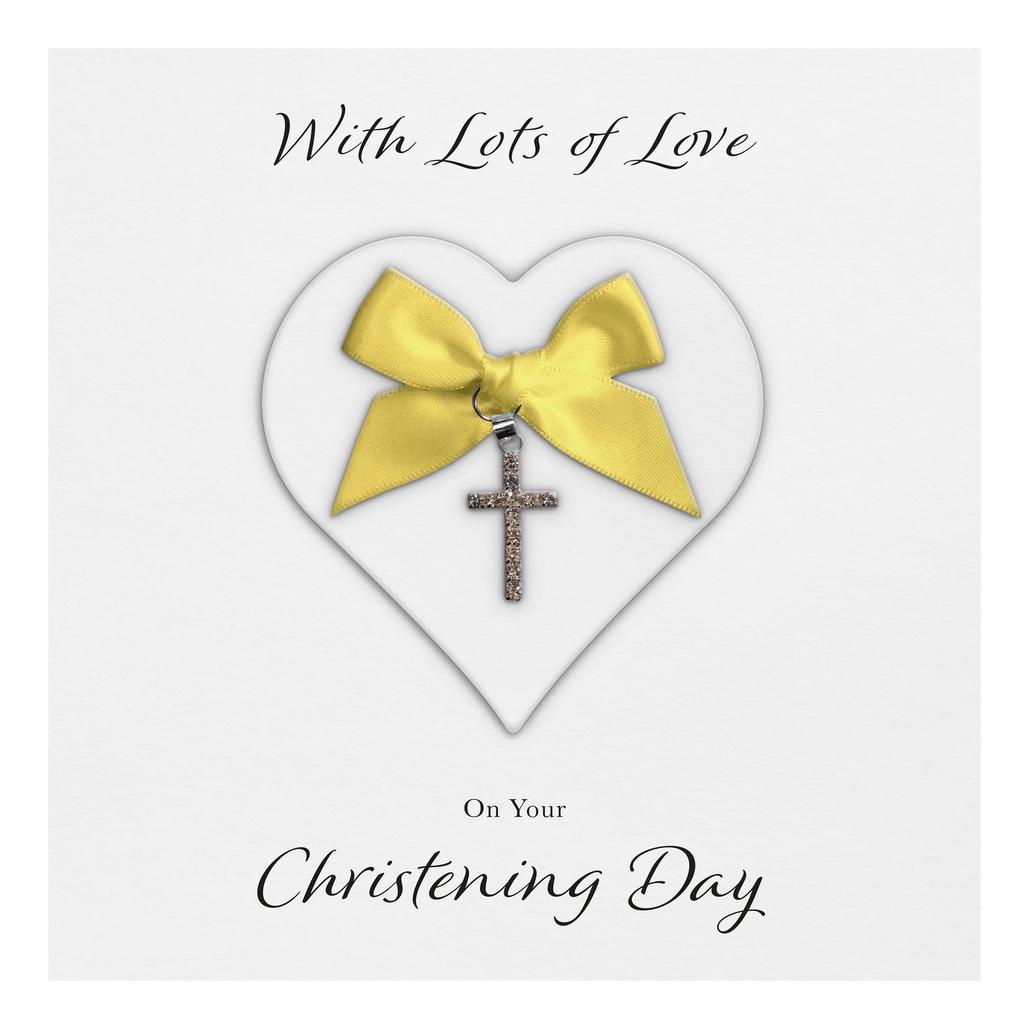 Christening Card (Diamante Cross Charm & Bow) - White Heart & Yellow Bow