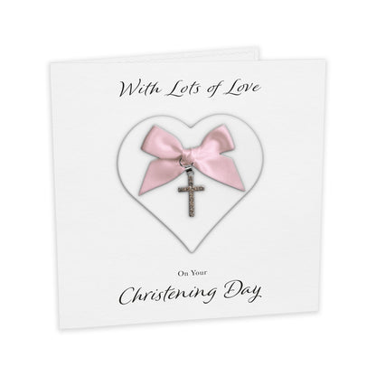 Christening Card (Diamante Cross Charm & Bow) - White Heart & Pink Bow