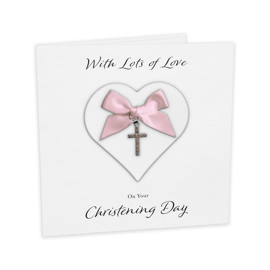 Christening Card (Diamante Cross Charm & Bow) - White Heart & Pink Bow