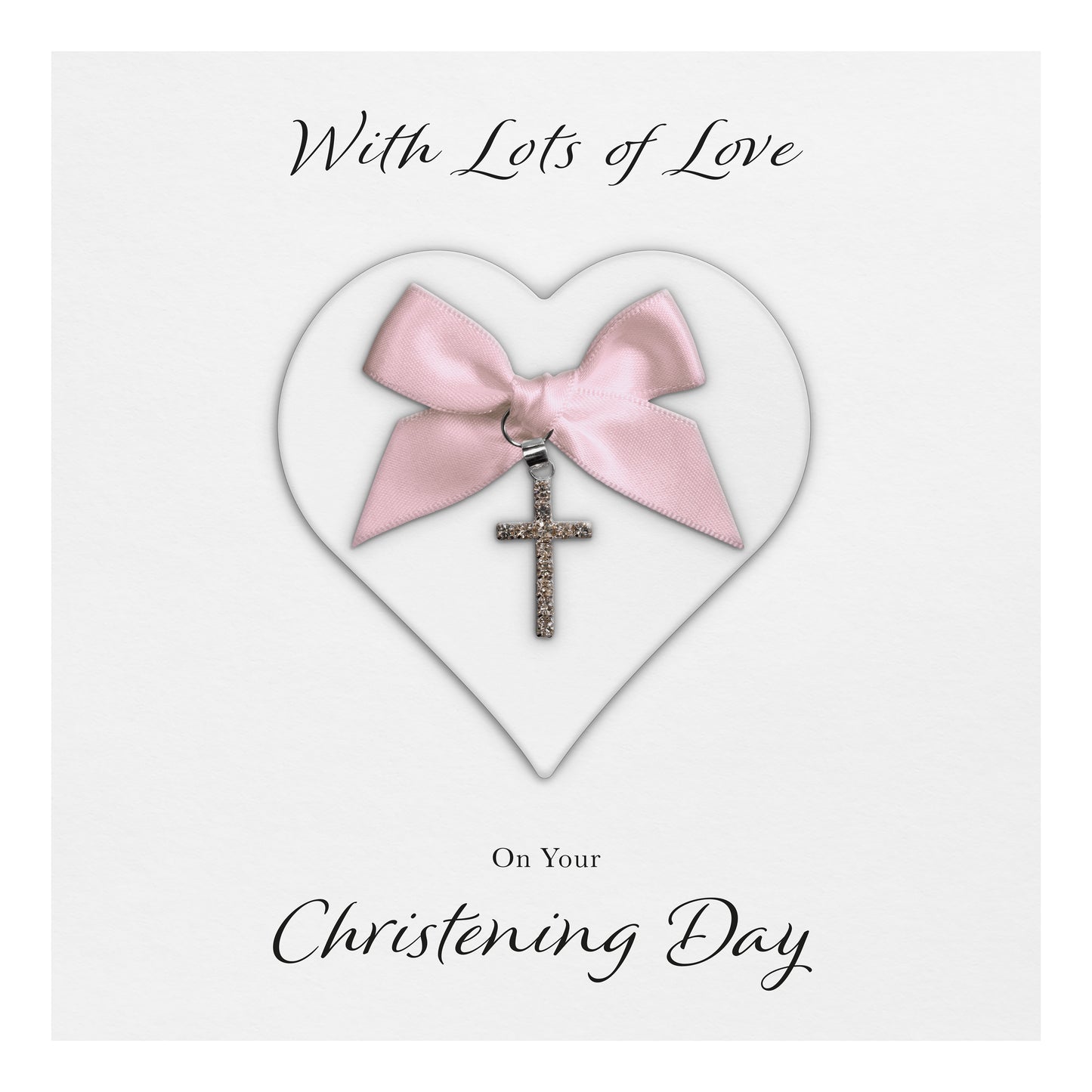 Christening Card (Diamante Cross Charm & Bow) - White Heart & Pink Bow