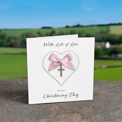 Christening Card (Diamante Cross Charm & Bow) - White Heart & Pink Bow