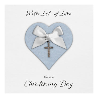 Christening Card (Diamante Cross Charm & Bow) - Blue Heart & White Bow