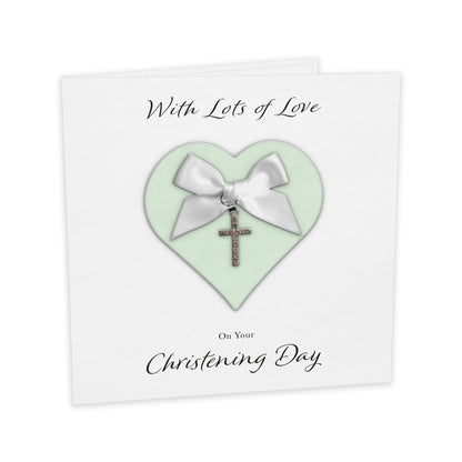 Christening Card (Diamante Cross Charm & Bow) - Green Heart & White Bow