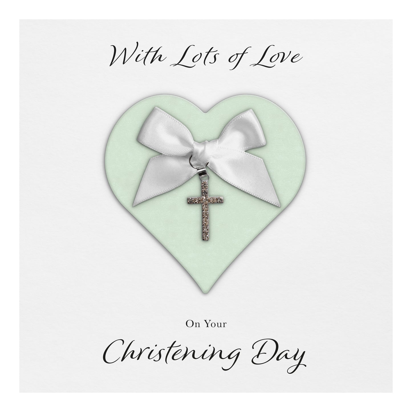 Christening Card (Diamante Cross Charm & Bow) - Green Heart & White Bow