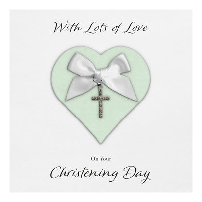 Christening Card (Diamante Cross Charm & Bow) - Green Heart & White Bow
