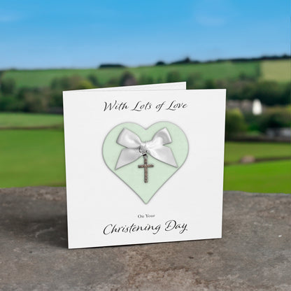 Christening Card (Diamante Cross Charm & Bow) - Green Heart & White Bow